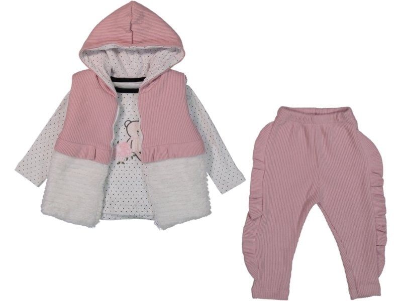 Hippıl Baby  Kapüşonlu Yelekli Pudra Alt Üst Bebek Takım 3'lü