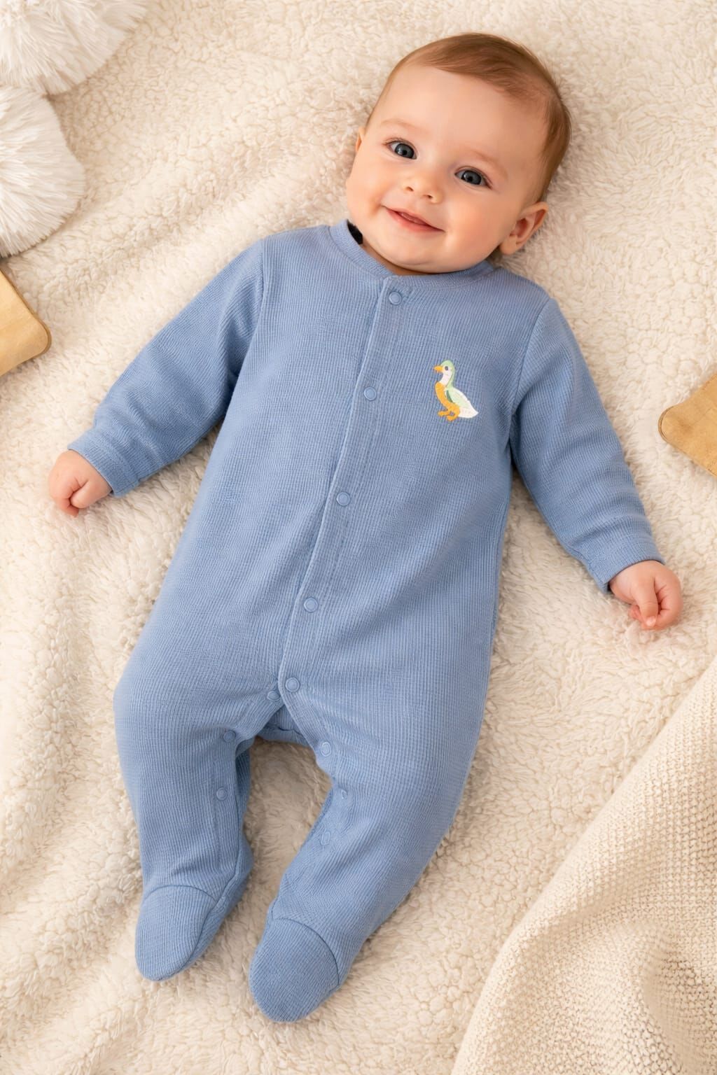 Ördek Desenli %100 Pamuk Bebek Tulum Mavi