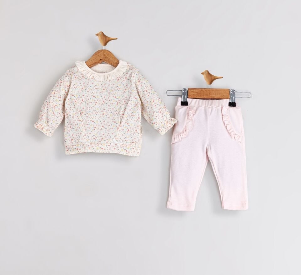 Yaka Detaylı %100 Pamuk Kız Bebek Takım