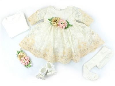 Kız Bebek Fransız Dantelli Lüx Bebek Mevlüt Elbisesi Ekru