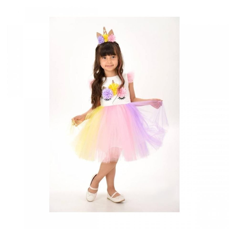 Kirpik Kız Unicorn Çocuk Tütülü Elbise