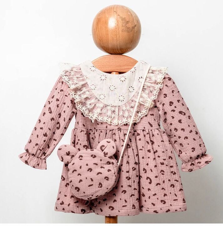 Organic Mini Leoparlı Çantalı Kız Çocuk Elbise