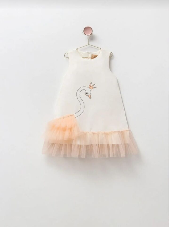 Kuğu Desenli Tül Detaylı Şık Çocuk Elbise Pembe