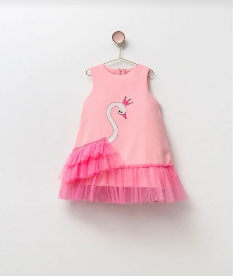 Kuğu Desenli Tül Detaylı Şık Çocuk Elbise Pembe