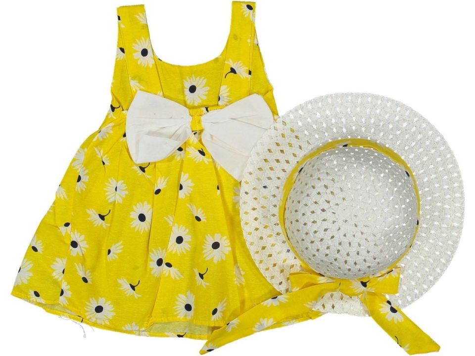 Çiçekli Şapkalı Kız Bebek Elbise Sarı