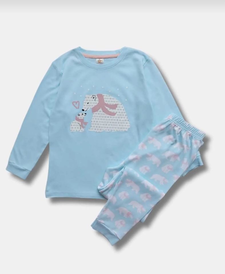 Ayıcık Desenli Uzun Kollu %100 Pamuk Kız Çocuk Pijama Takımı