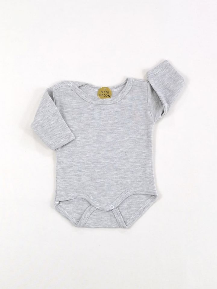 Uzun Kollu %100 Pamuk Çıtçıtlı Bebek Body Gri