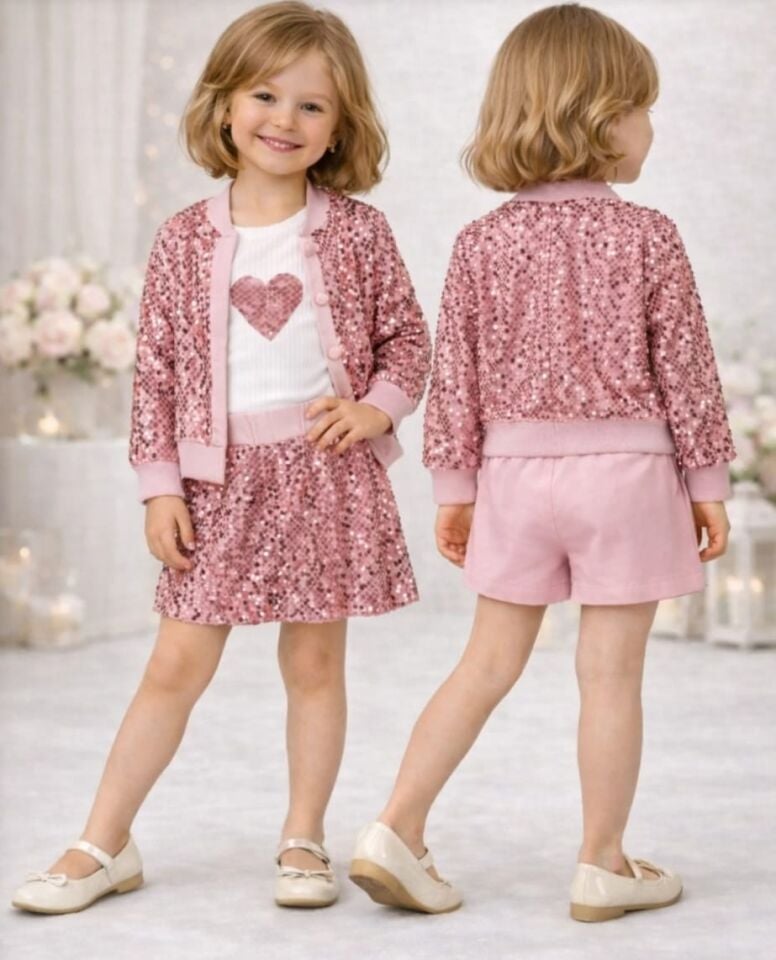 Pul İşlemeli Ceketli Şort & Etek Kız Takım Pembe