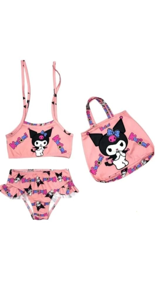 Kuromi Çantalı Kız Çocuk UV Korumalı Bikini Takımı