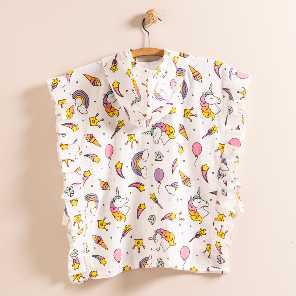 Organik Müslin Panço Bebek Çocuk Plaj Panço Unicorn