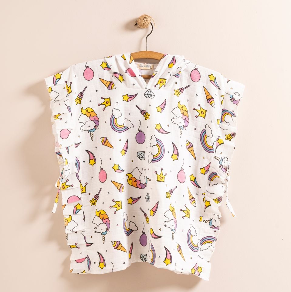 Organik Müslin Panço Bebek Çocuk Plaj Panço Unicorn