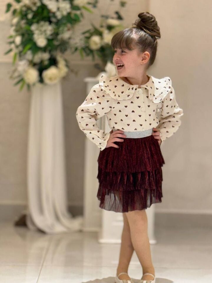 Kalp Desenli Müslin Gömelekli Etekli Takım