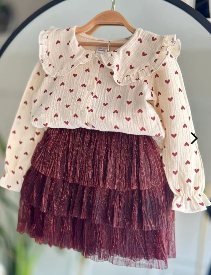 Kalp Desenli Müslin Gömelekli Etekli Takım