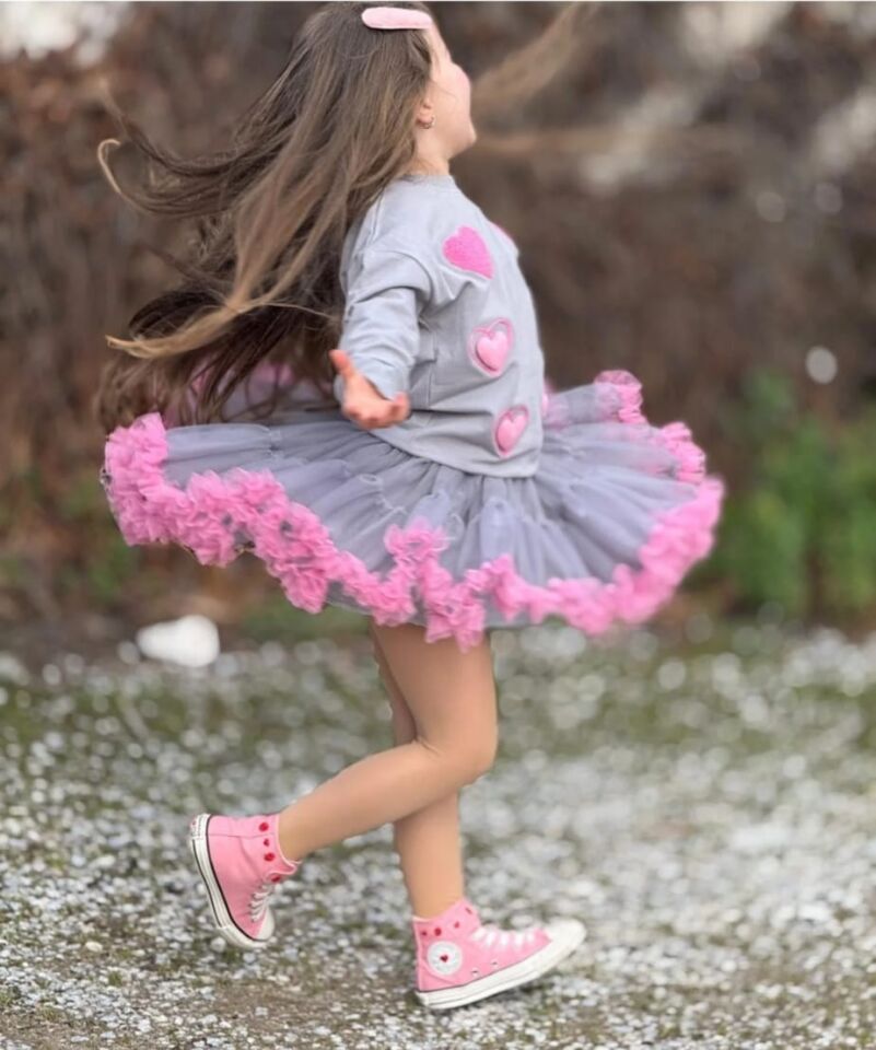 Kalp Detaylı Tütü Etekli Kız Çocuk Takım