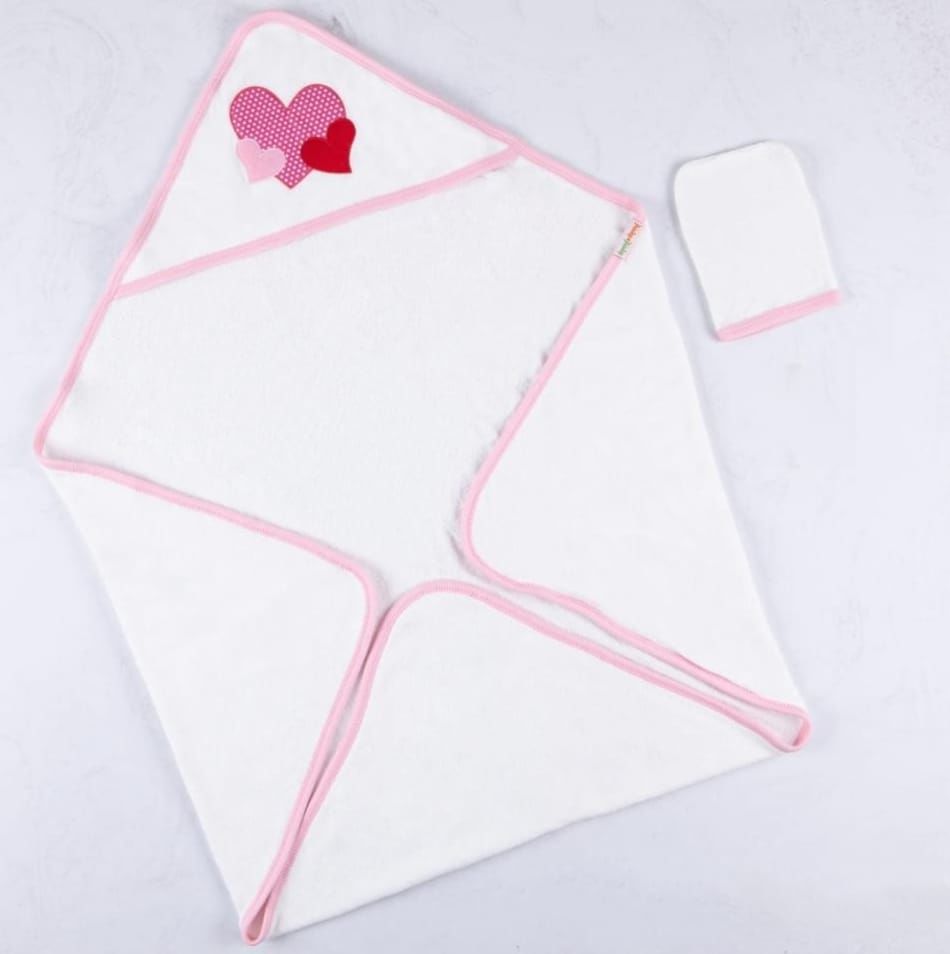 Başlıklı Kundak Havlu Ve Kesesi Pembe Kalp 85*85