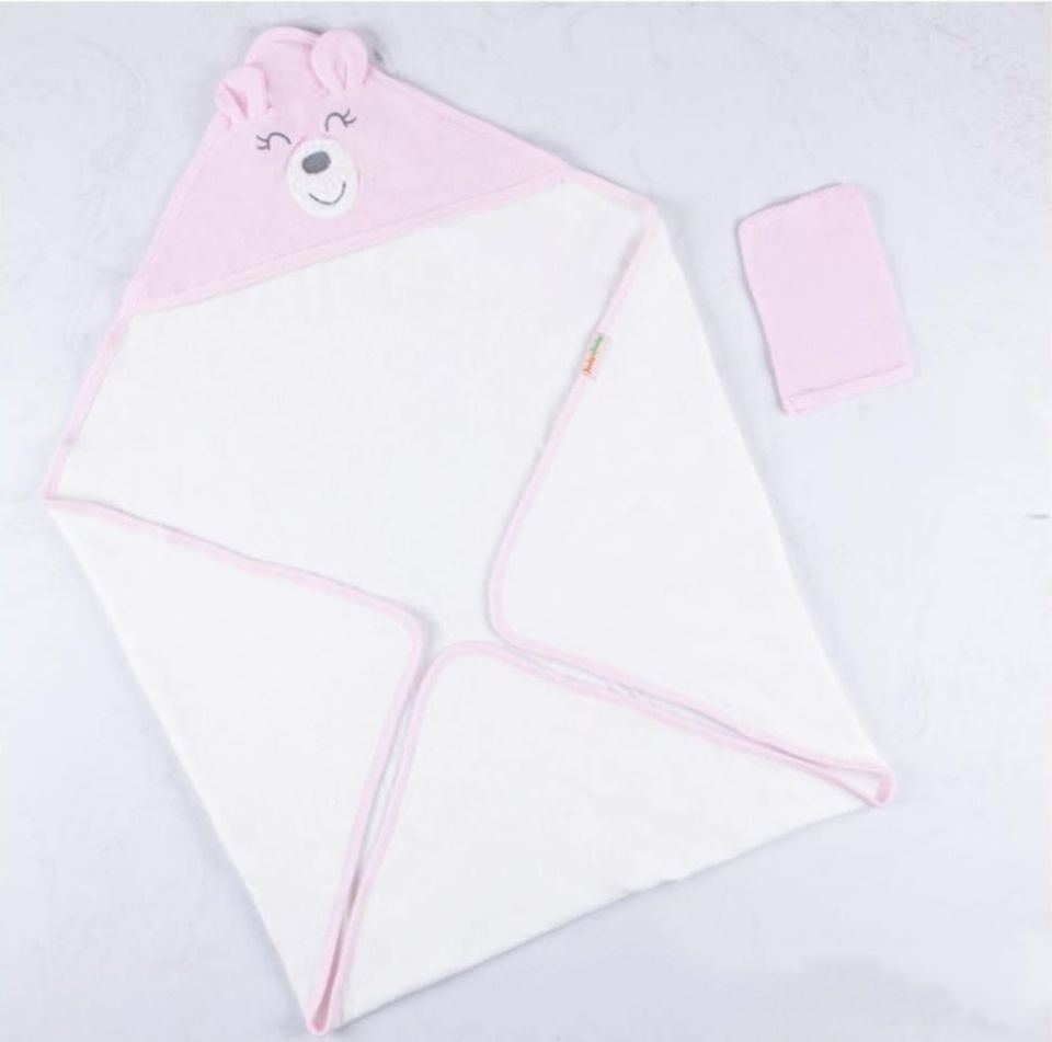 Başlıklı Kundak Havlu Ve Kesesi Pembe Ayıcık Kulaklı 85*85