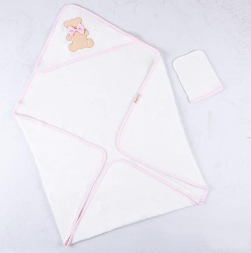 Başlıklı Kundak Havlu Ve Kesesi Pembe Ayıcık 85*85
