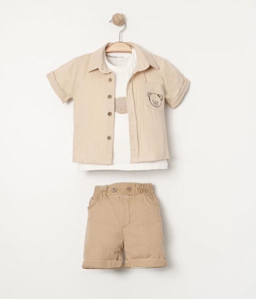 %100 Pamuk  Ayıcık Detaylı 3'lü Takım