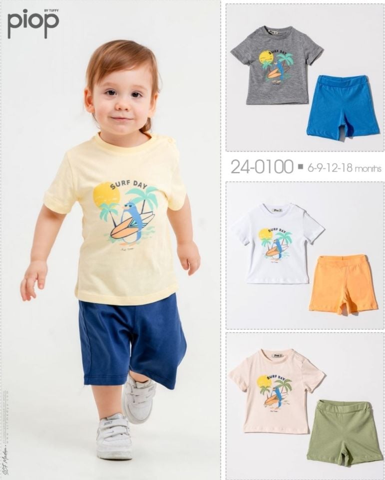 Surf Desenli Erkek Bebek 2'Li Şortlu Takım Beyaz