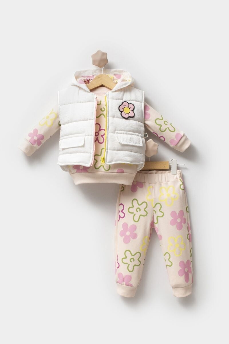 Çiçek Baskılı Yelekli 3 Lü Bebe Takım