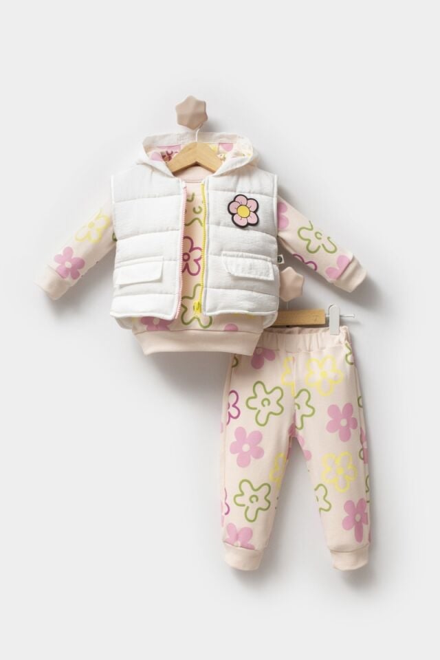 Çiçek Baskılı Yelekli 3 Lü Bebe Takım