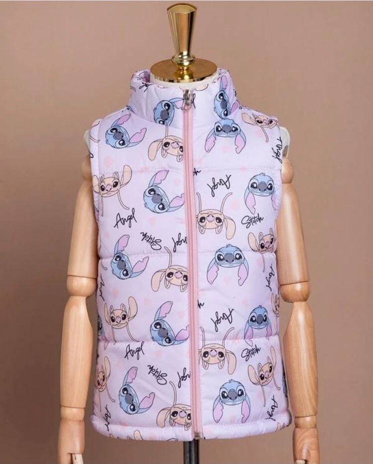 Renkli Fermuarlı Stitch Baskılı Şişme Yelek