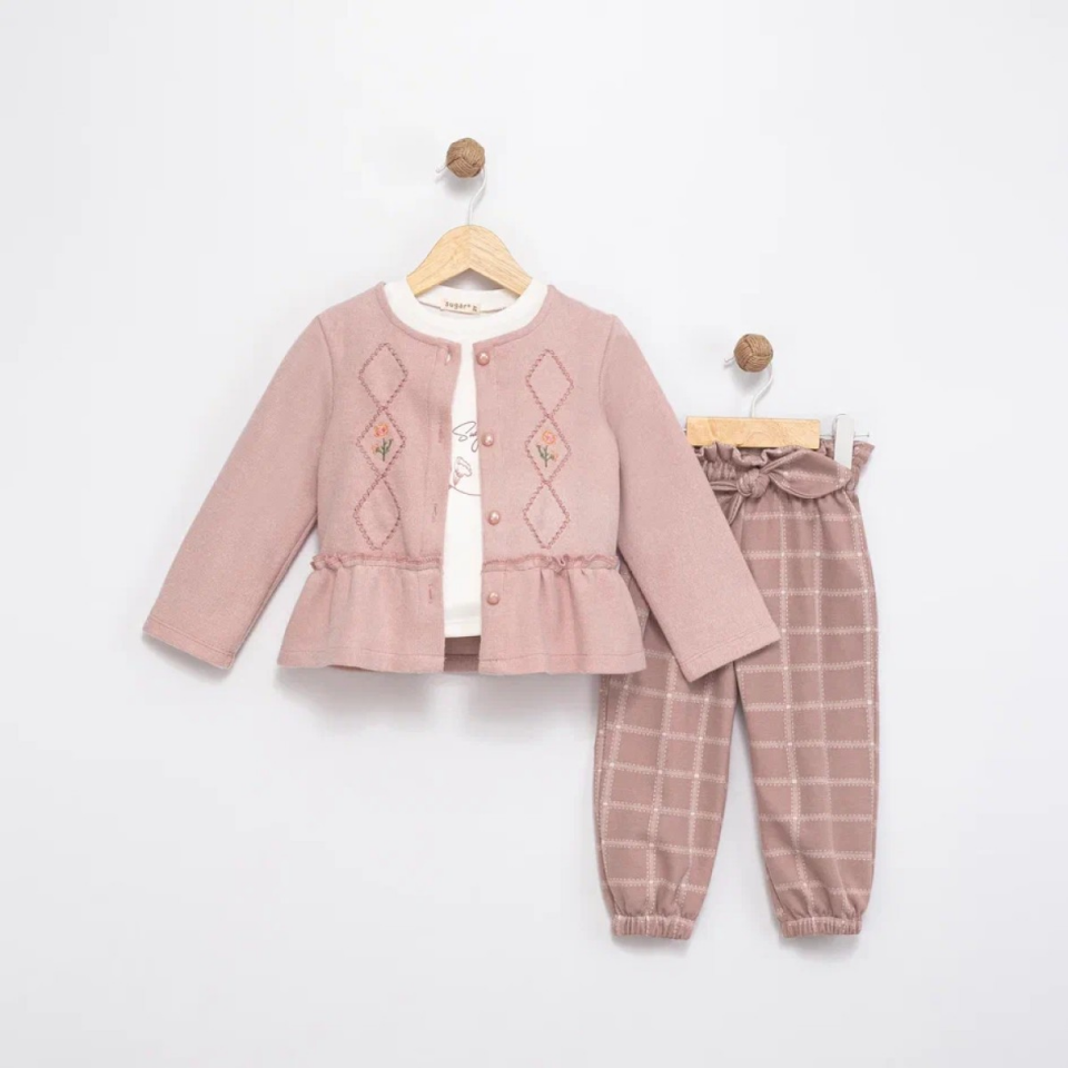 Hırkası Nakış İşlemeli 3 Lü Kız Çocuk Takım