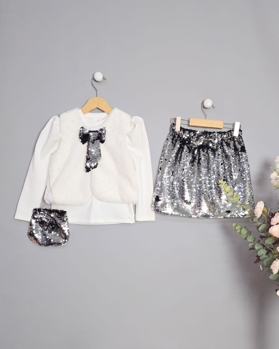 Pul İşlemeli Yelekli Çantalı Kız Çocuk Takım