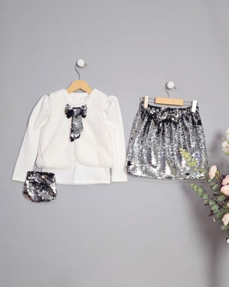 Pul İşlemeli Yelekli Çantalı Kız Çocuk Takım