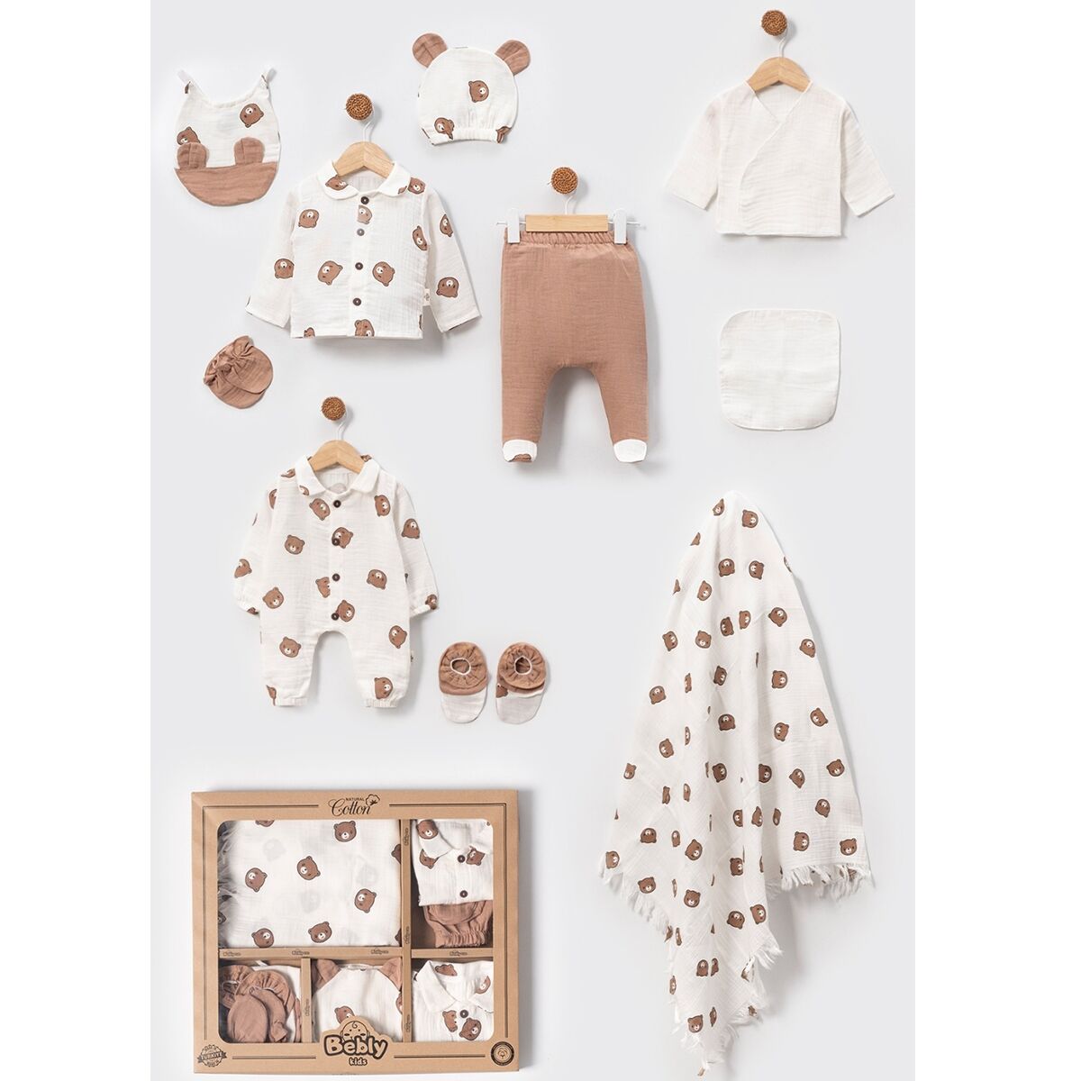 Müslin Ayı Desenli 10 Lu Yenidoğan Hastane Çıkışı