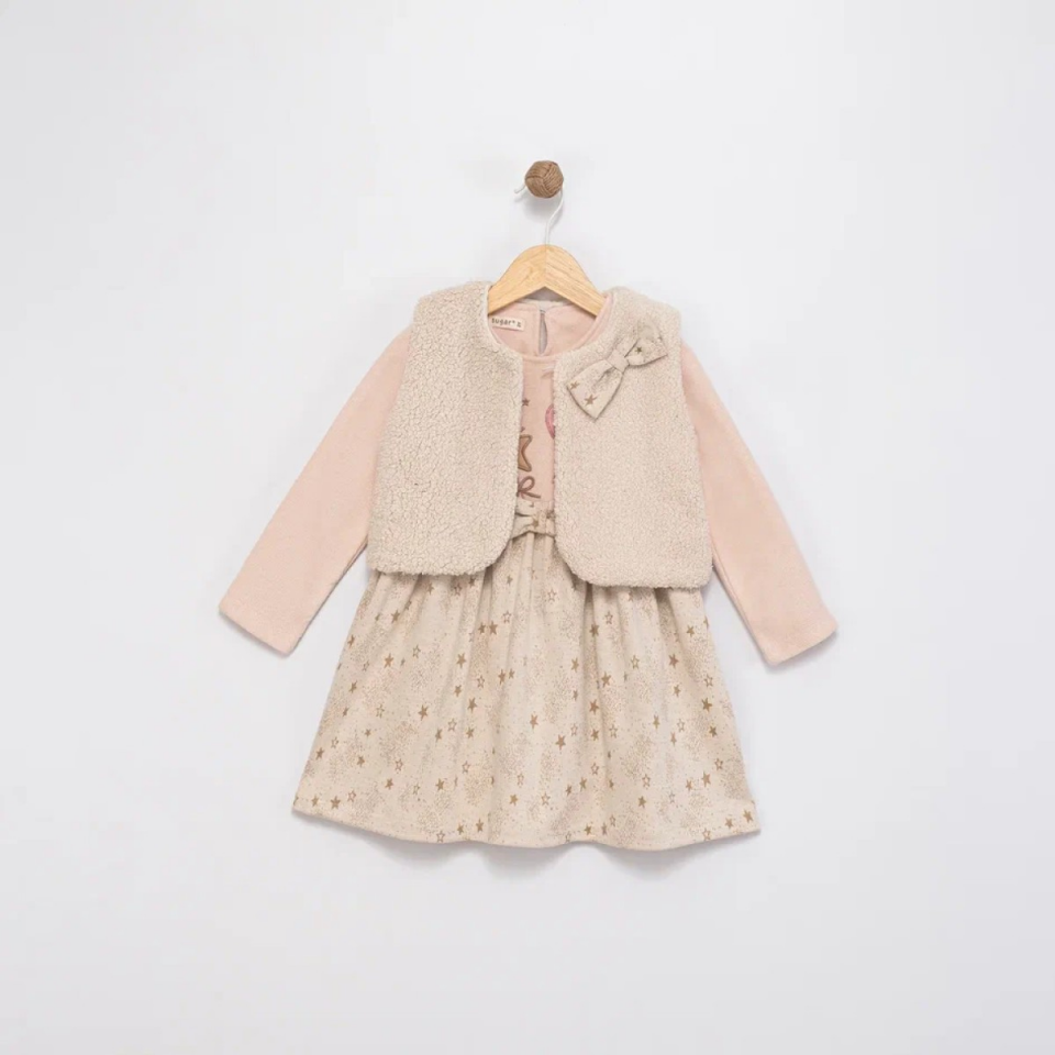 Peluş Yelekli Kız Çocuk Elbise