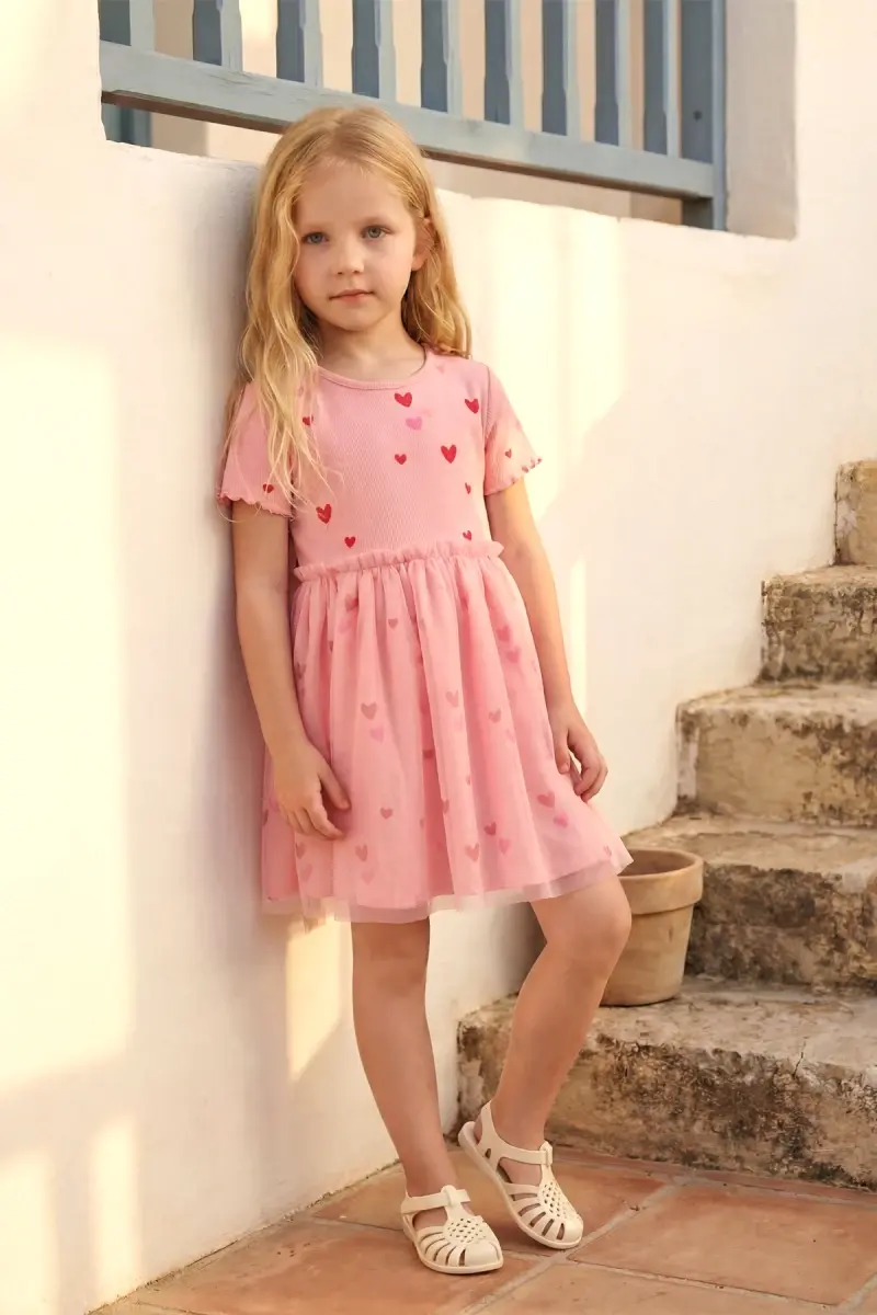 Kalp Baskılı Kız Çocuk Elbise Pembe