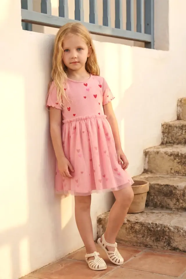Kalp Baskılı Kız Çocuk Elbise Pembe