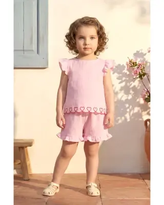 Kalp Nakışlı Kız Çocuk Takım Pembe