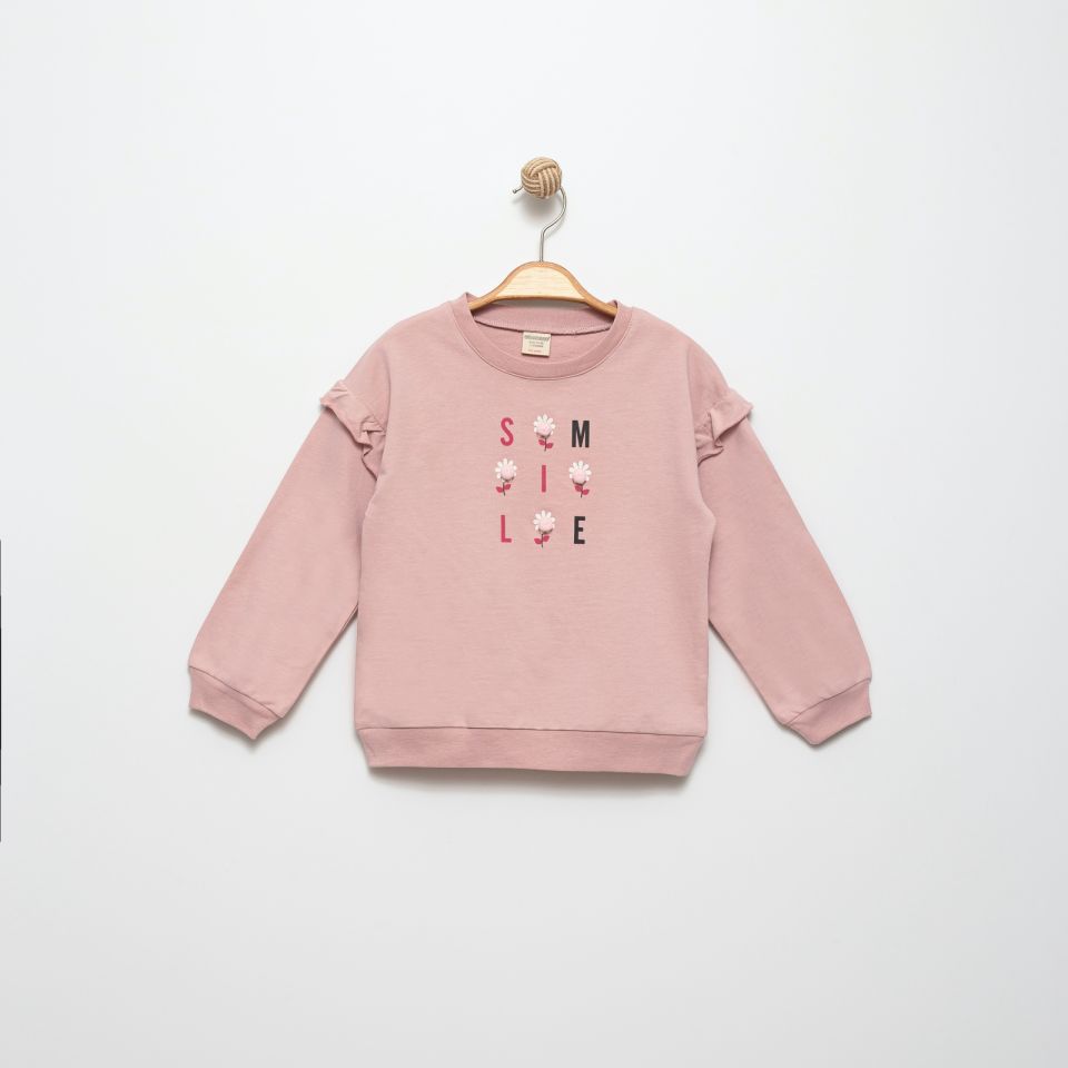 Çiçek Detaylı %100 Pamuk Kız Çocuk Sweatshirt