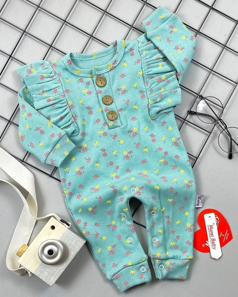 Çiçek Desenli Düğmeli Bebek Tulum 6-9