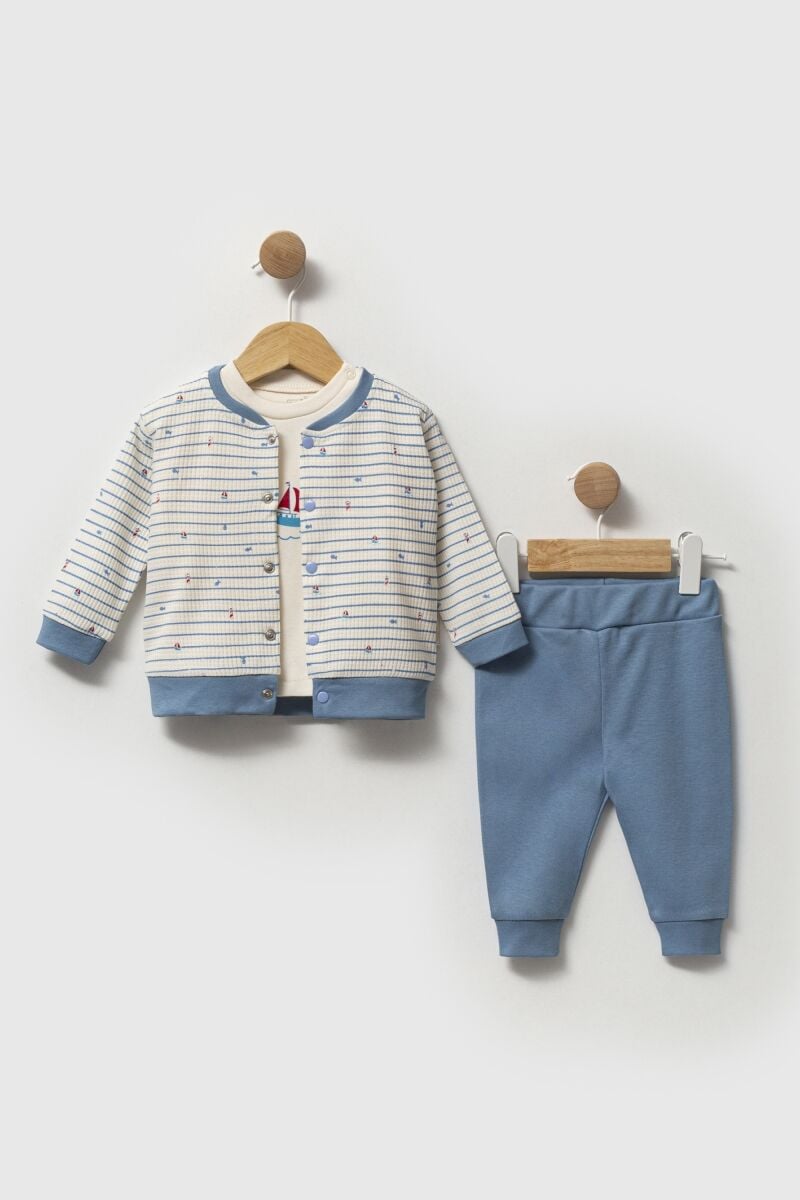 Yelken Desenli %100 Pamuk 3'lü Erkek Bebek Takımı