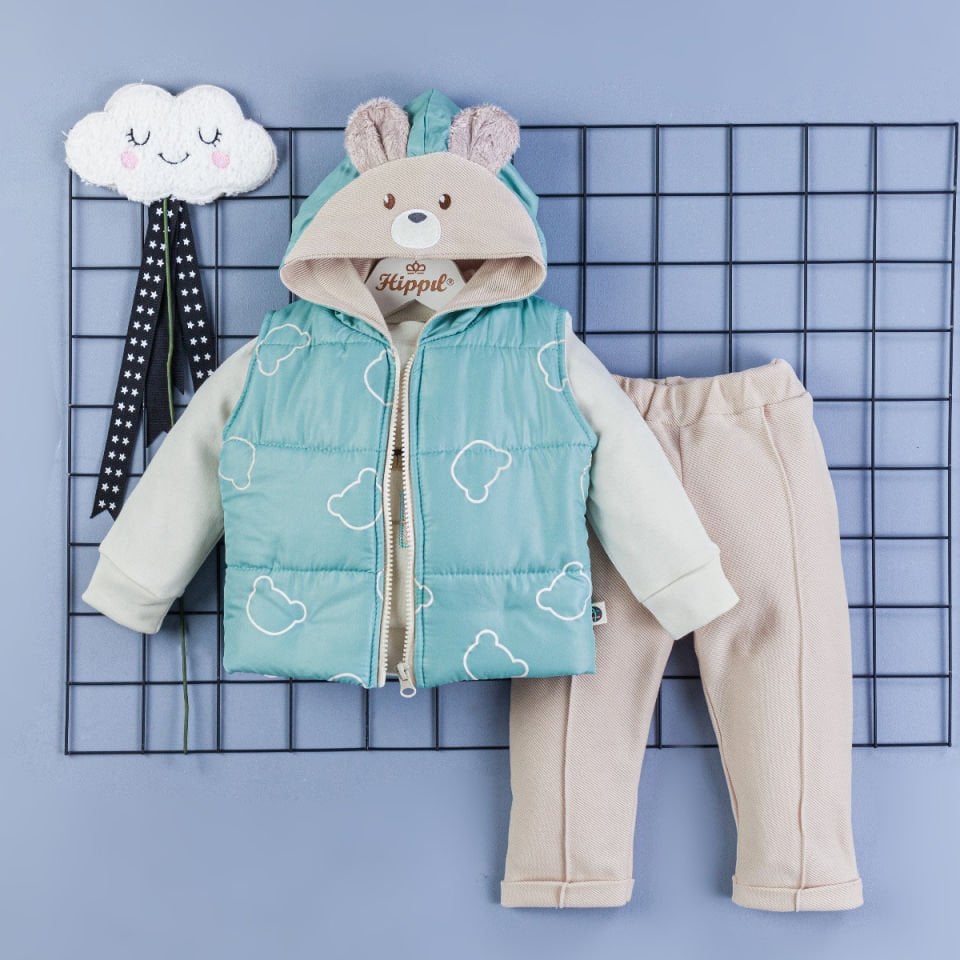 Ayıcık Desenli Kapüşonlu Yelekli 3' Lü Alt Üst Takım