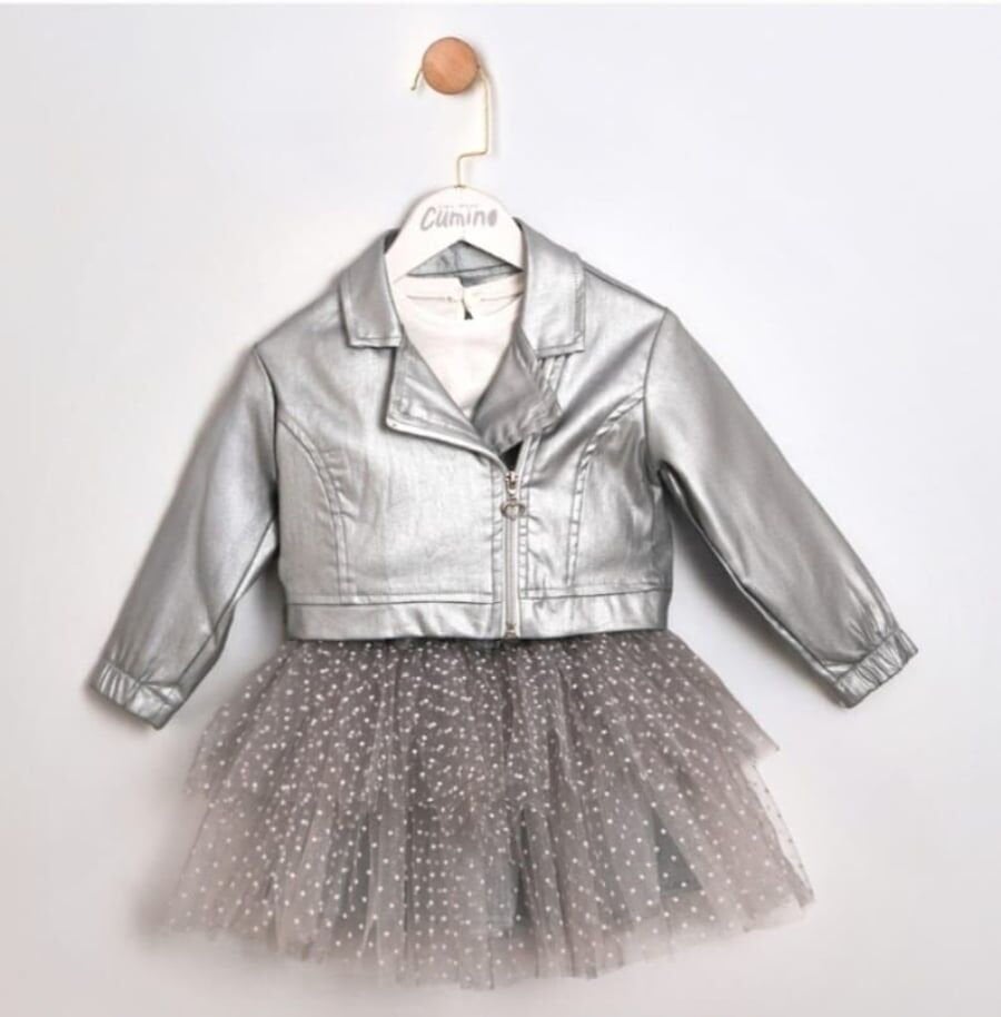 Deri Ceketli Tütü Etekli 3 Lü Kız Çocuk Takım