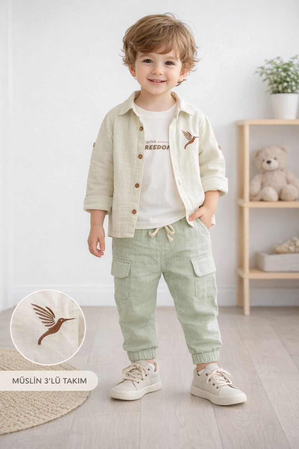 Gömlekili Müslin Erkek Çocuk 3'lü Takım