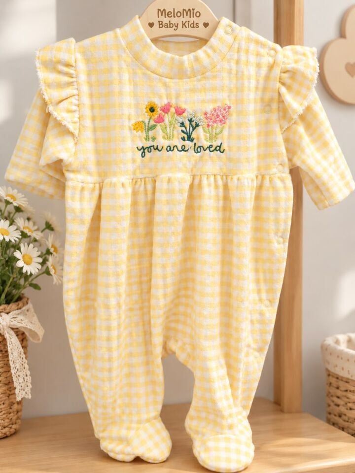 Ekose Baskılı Çiçekli Bebek Tulum