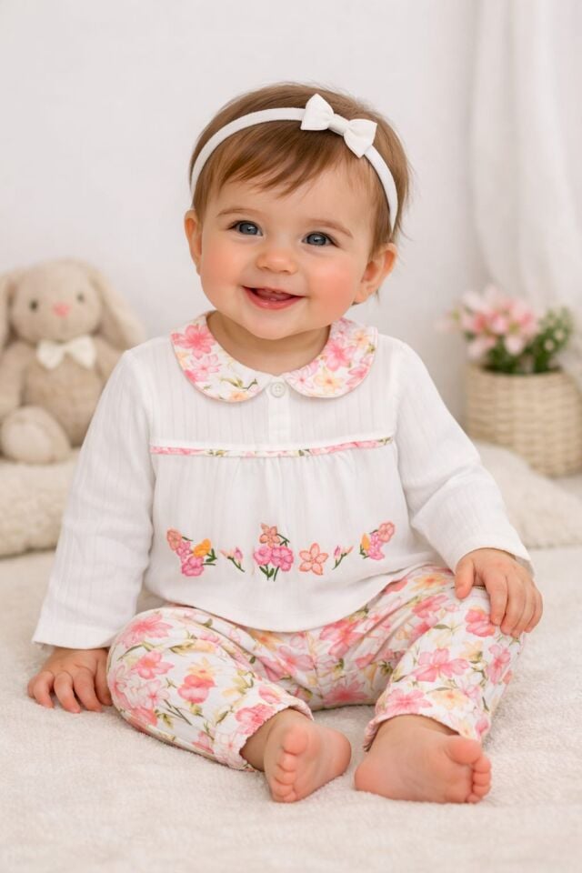 Çiçek Nakışlı Bebek Takım %100 Pamuk