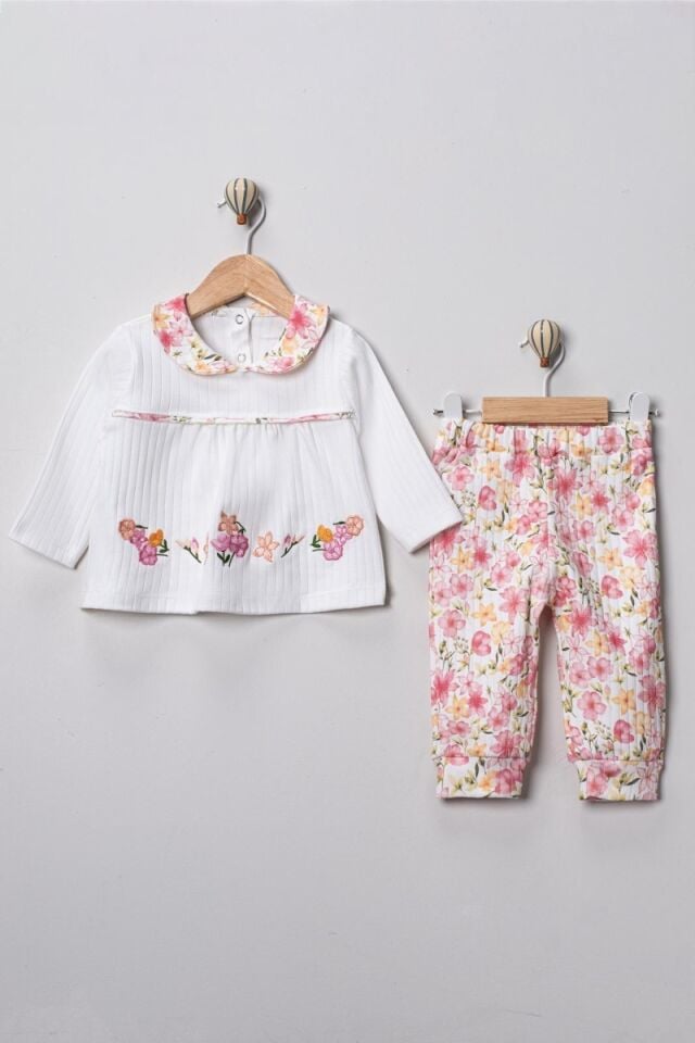 Çiçek Nakışlı Bebek Takım %100 Pamuk