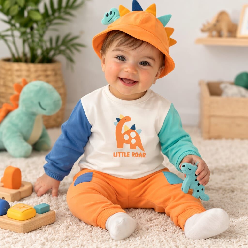 Dino Badili Şapkalı Bebek Takım %100 Pamuk