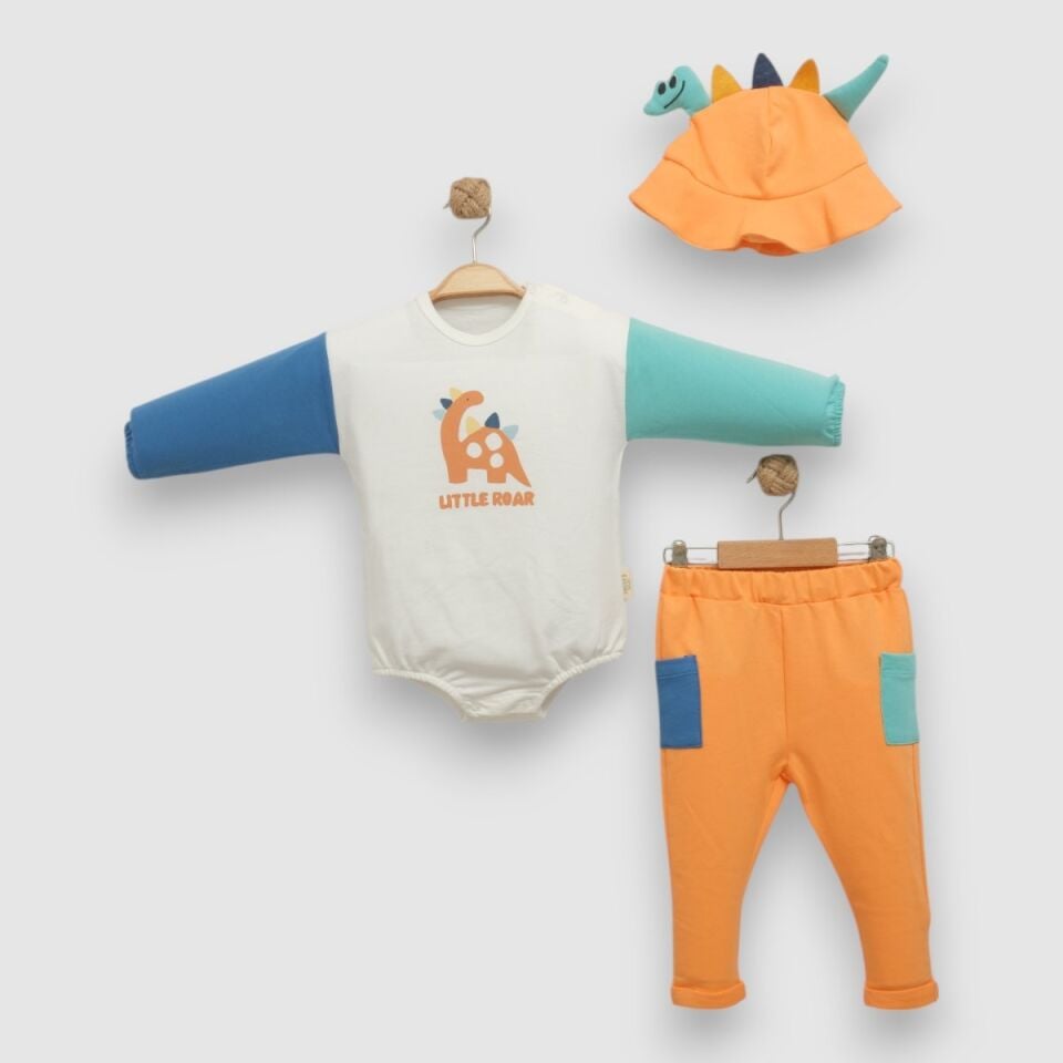 Dino Badili Şapkalı Bebek Takım %100 Pamuk