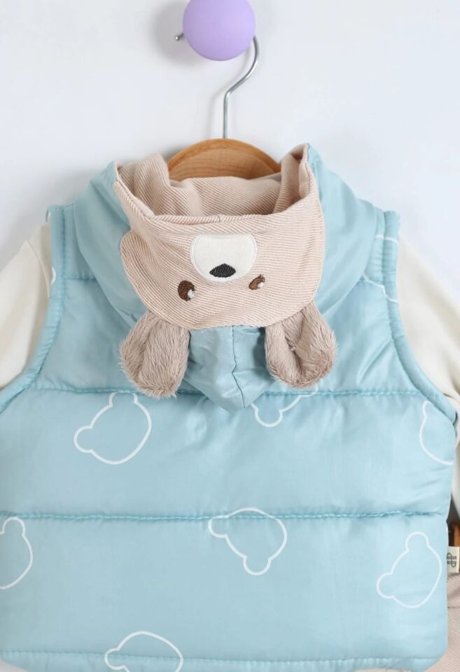 Ayıcık Desenli Kapüşonlu 3’lü Bebek Takım Mavi