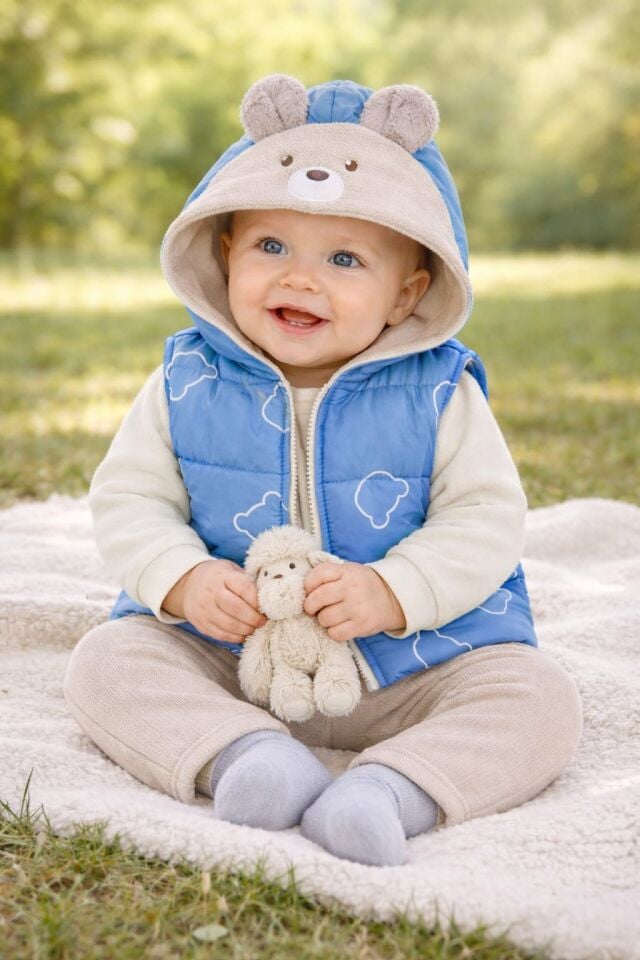 Ayıcık Desenli Yelekli Kapüşonlu 3’lü Bebek Takım