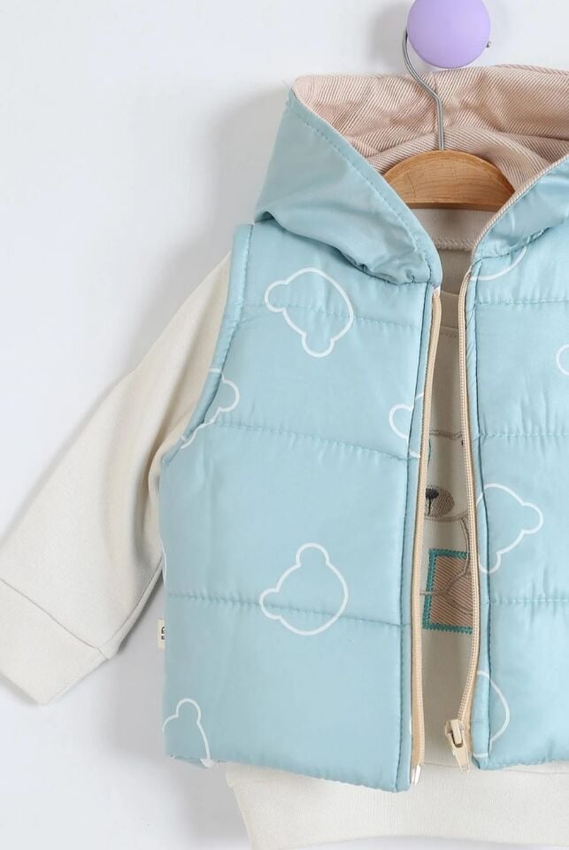 Ayıcık Desenli Kapüşonlu 3’lü Bebek Takım Mavi