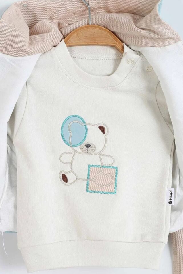 Ayıcık Desenli Kapüşonlu 3’lü Bebek Takım Mavi