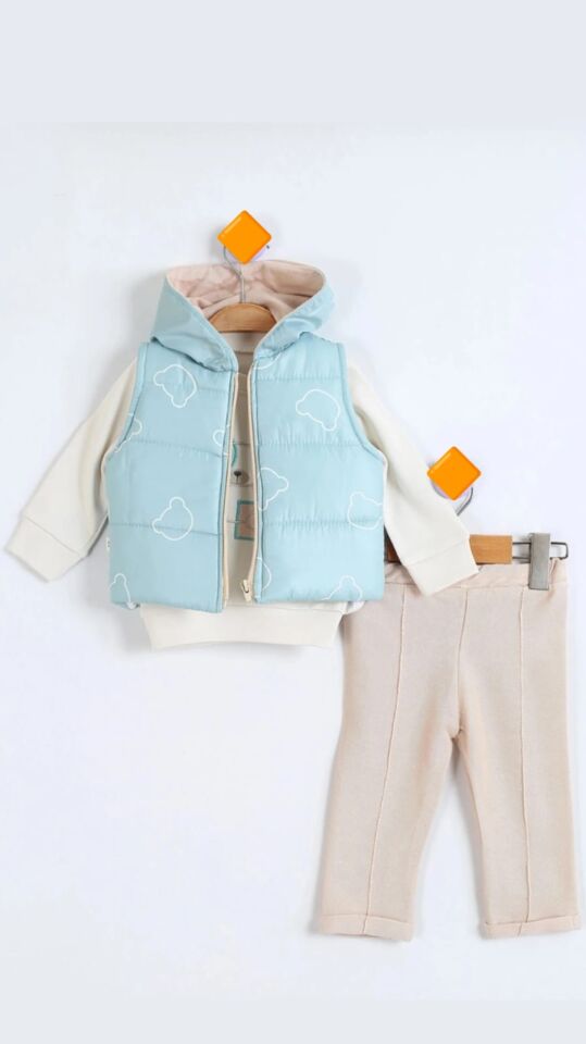 Ayıcık Desenli Kapüşonlu 3’lü Bebek Takım Mavi